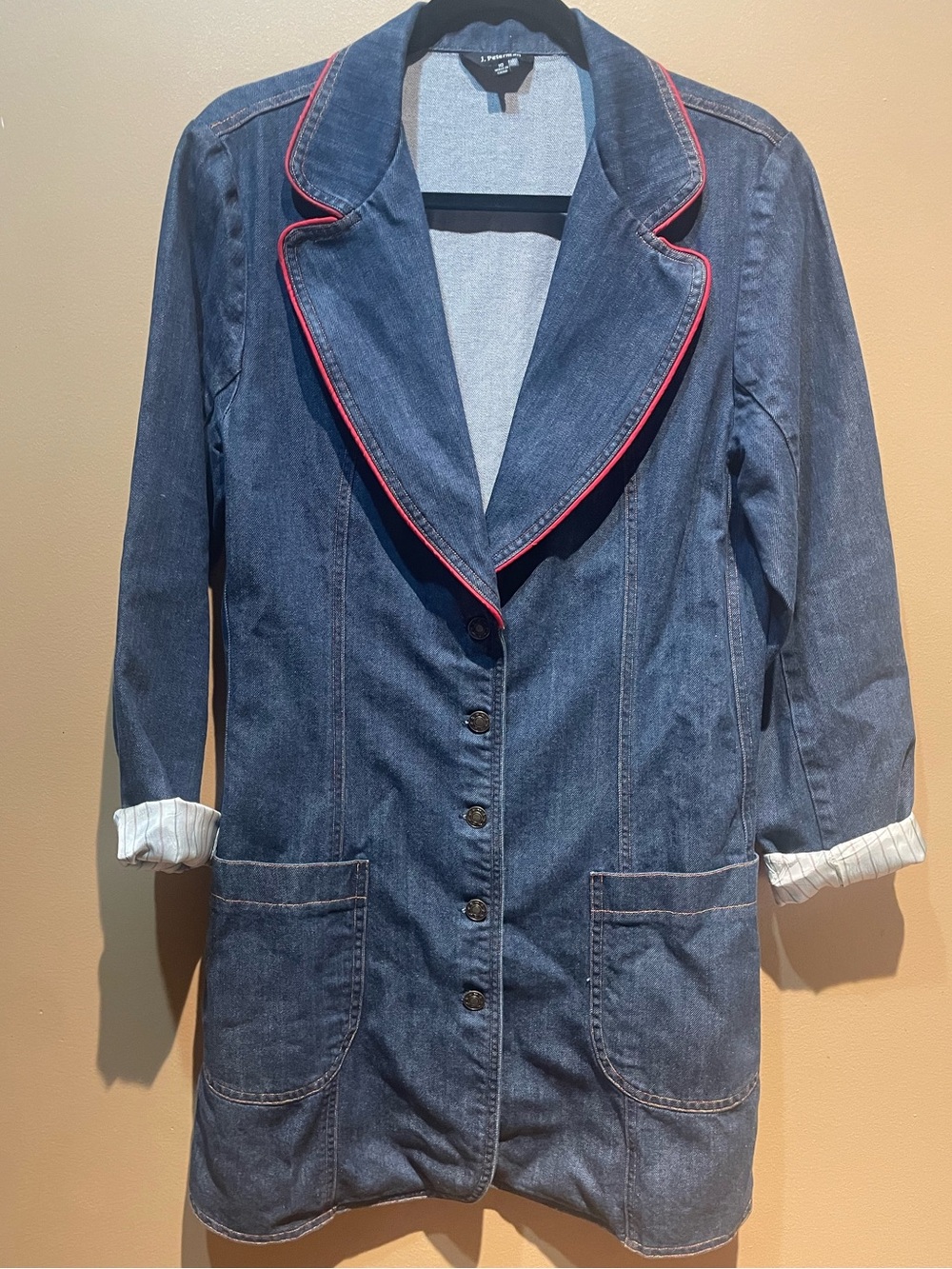 J. Peterman Vintage Denim Blazer Jacket Red Piping Longline Coat Size 10